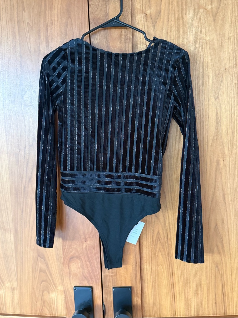 Super down Black Velvet Striped Long-Sleeve Bodysuit - Women
